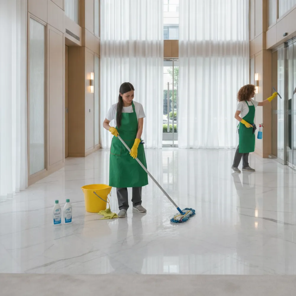 Profissionais do Grupo Predial limpando o piso do hall de entrada de um edifício